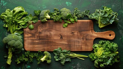 Canvas Print - Fresh broccoli and cabbages on a green backdrop with a wooden board