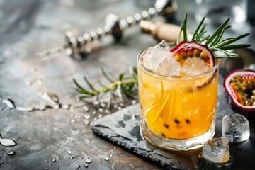 Sticker - Passion fruit cocktail with rosemary and ice on wooden bar background Has space for text