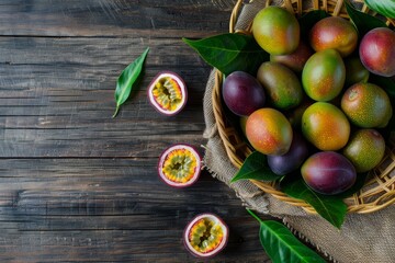 Wall Mural - Passion fruit in basket on wood sheet with copy space