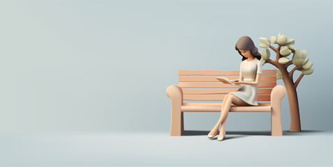 A girl reads a book on a bench, and a tree, 3D. Banner for the concepts of rest, leisure, pleasant leisure in the park, and reading favorite books in nature. Vector illustration.