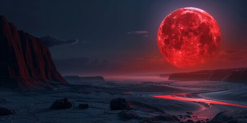 Wall Mural - a red moon is in the sky above a rocky desert landscape. the moon is surrounded by a red glow, creat