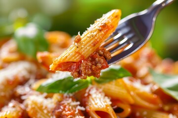 Sticker - Penne pasta with bolognese sauce Parmesan cheese and basil on a fork Italian Mediterranean dish
