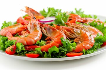 Wall Mural - Photo of Asian shrimp salad fresh seafood platter on white background healthy eating concept prawn and vegetables dish premium delicacy