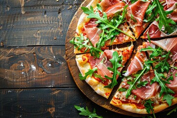 Wall Mural - Pizza topped with prosciutto arugula and parmesan on dark wood background Italian style Text space available