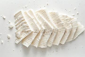 Wall Mural - Ricotta cheese slices against white background