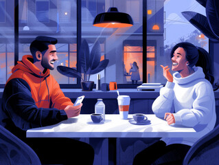 Illustration of a man and woman enjoying a conversation in a cozy cafe setting at night.