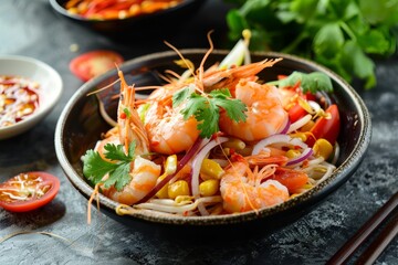 Poster - Thai street food with spicy Papaya Salad corn fresh shrimp tomatoes and vegetables