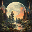 パラレルワールド　森のシルエットと不思議な風景画