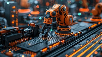 Robotics engineer manager using tablet check and control automation robot arms machine in intelligent factory industrial over system on virtual interface screen, Industry