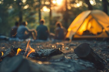 Wall Mural - Blurry camping tent with backpackers near campfire in tourist area