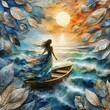 Mixed media artwork depicting a flowingly dressed woman standing on a wooden boat in the middle of the sea.