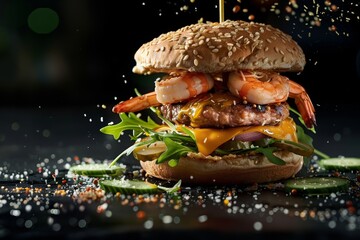 Wall Mural - Burger with shrimp cheese arugula onion cucumber sesame on black background