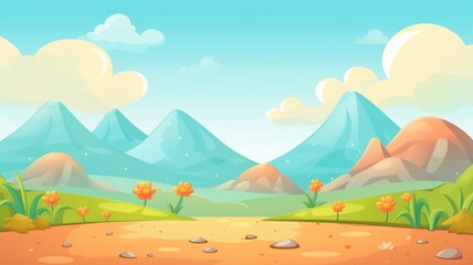 Wall Mural - Sunny Mountain ValleY, Vibrant Cartoon Landscape