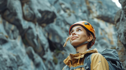 Wall Mural - Young Woman Hiking in Autumn Mountains, Contemplative Gaze Upwards, Surrounded by Rocky Terrain and Fall Foliage