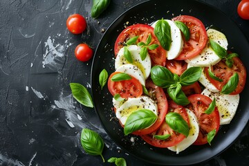 Wall Mural - Caprese salad on black plate with tomatoes mozzarella basil Overhead view with space for text