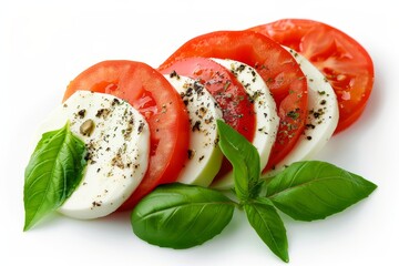 Wall Mural - Caprese Salad on white background featuring tomato mozzarella and basil slices