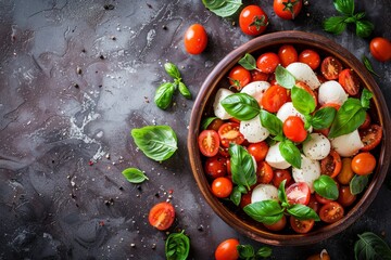 Sticker - Caprese salad with cherry tomatoes mozzarella and basil Top view with empty space