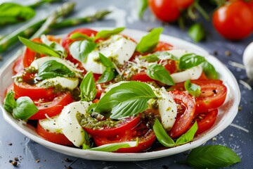 Wall Mural - Caprese Salad with tomatoes mozzarella basil asparagus and balsamic dressing with pesto sauce