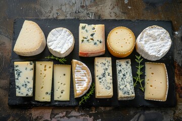 Wall Mural - Cheese board on dark background for celebration gathering with wine snacks delicatessen Panoramic flat lay