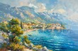 idyllic mediterranean coastal town oil painting mountains and summer atmosphere