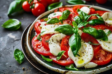 Wall Mural - Close up of caprese salad with tomatoes and mozzarella on dark background