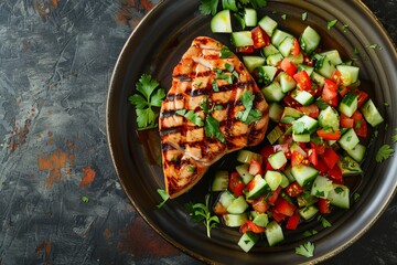 Poster - Close up top view of freshly grilled tuna steak with avocado cucumber salsa on a plate