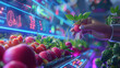Futuristic shopping organic vegetable in high technology at grocery store. Panel interface hologram transparent for shopping product. Future supermarket. AI generated