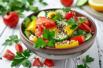 Wall Mural - Colorful salad with quinoa tomatoes pepper cucumber parsley on white background Healthy superfood