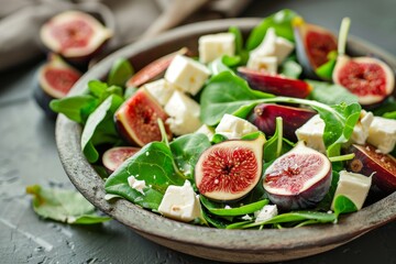 Canvas Print - Combine salad with figs and brie on concrete