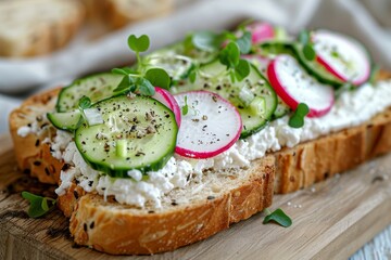 Wall Mural - Cottage cheese sandwich with radish black pepper and cucumber