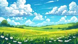 Fototapeta  - Panoramic beautiful blue sky with fluffy clouds over green field landscape. AI generated image