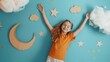 Cheerful girl, arms up, touching a cardboard moon and stars, simple clouds sketched around, dreamy ambiance