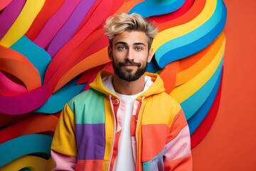 Poster - caucasian guy colorful theme fashion generation-z influencer posing for ad product promotion from Generative AI