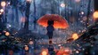 Little charmer under an umbrella, amid illustrated rain and puddles, creating a playful and wet wonderland