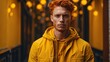 red head guy yellow theme fashion generation-z influencer posing for ad product promotion from Generative AI