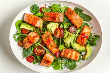 Wall Mural - Flat lay perspective of salmon avocado salad on white background