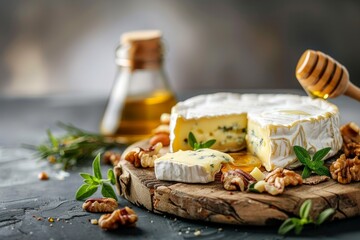 Canvas Print - Fresh Brie cheese nuts honey and leaves on a wooden board Italian and French cheeses