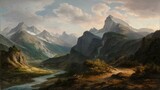 Fototapeta  - rugged mountain terrain, inspired by the Romanticism movement. the sublime beauty of towering peaks, winding rivers, and sweeping vistas