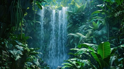 beautiful waterfall on lush vegetation in green natural rainforest background. ai generated