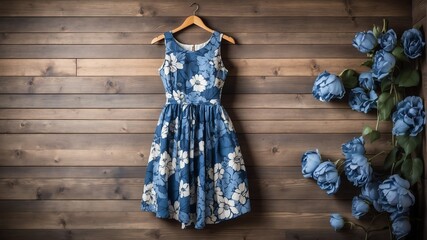 Wall Mural - blue flower print dress on old wooden wall background from Generative AI