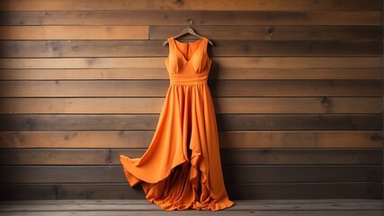 Wall Mural - orange dress on old wooden wall background from Generative AI