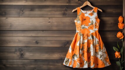 Wall Mural - orange flower print dress on old wooden wall background from Generative AI