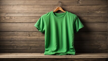 Wall Mural - plain green tshirt on old wooden wall background from Generative AI