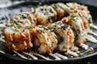 Fried sushi roll with cream cheese panko coating kani salad and Japanese mayo on white and black background Top view image