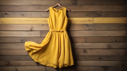 Wall Mural - yellow dress on old wooden wall background from Generative AI