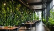 © ibreakstock - Eco-friendly cafe or restaurant interior with living green wall, vertical garden in biophilic design style