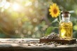 Sunflower oil and seeds on wooden table with space for text against blurred background
