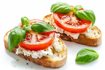 Wall Mural - Tapas with goat cheese toast tomato and basil on white background