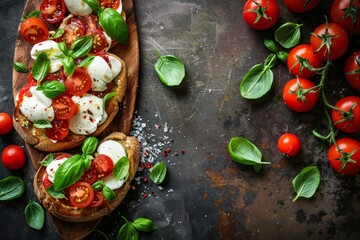 Sticker - Top view of bruschetta and Caprese salad on wooden board with copy space