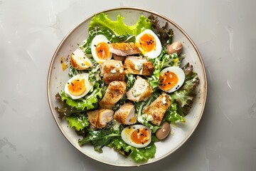 Wall Mural - Top view of chicken Caesar salad with quail eggs isolated